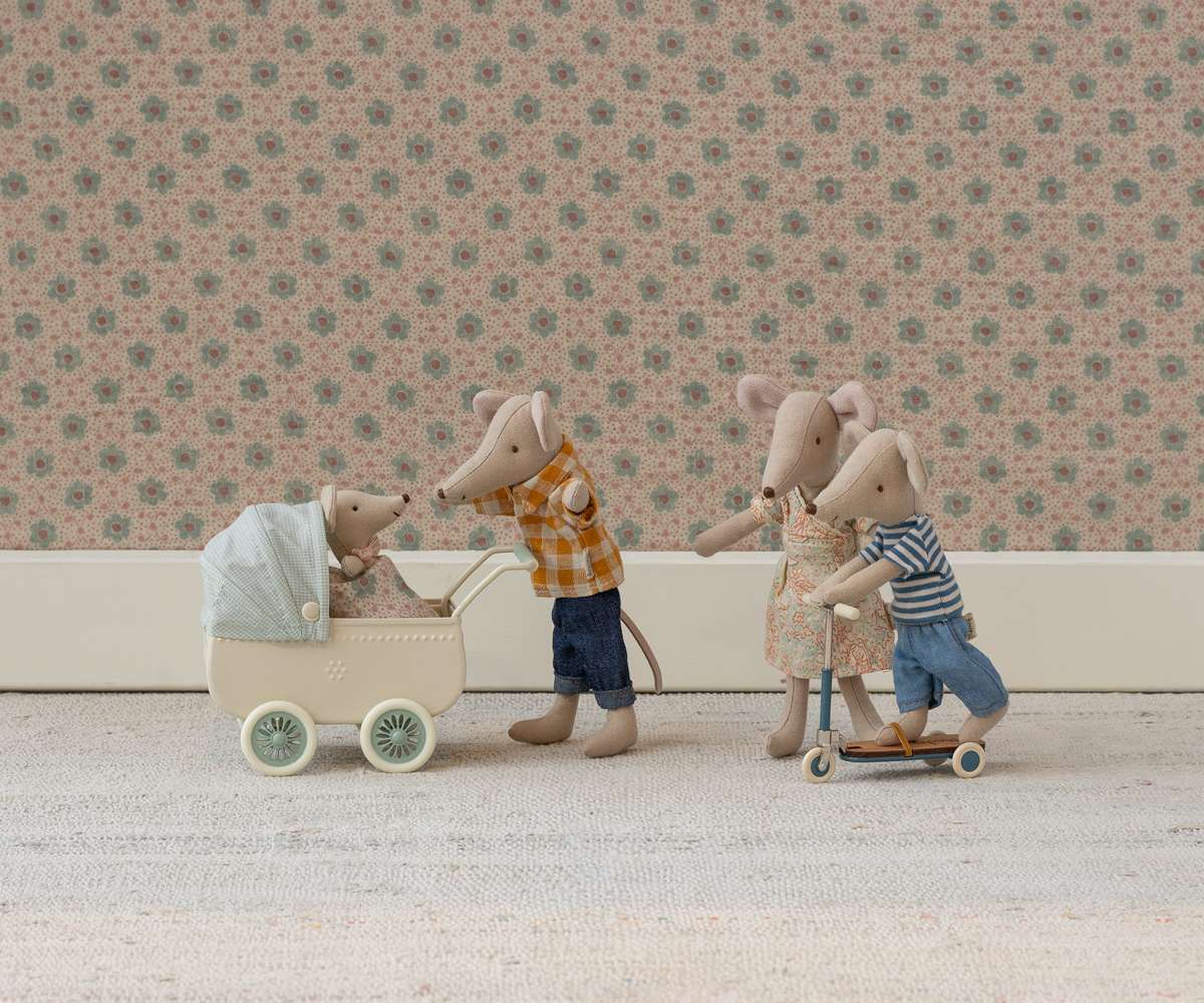 Maileg Pram with baby mouse - Mint - Image 3